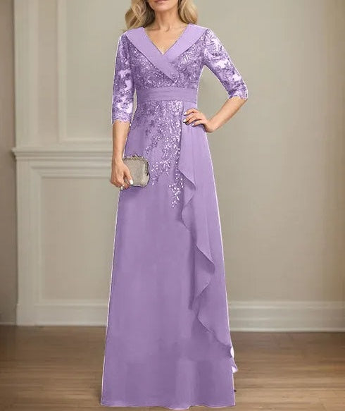 A-line Collared V-Neck Floor-Length Lace Chiffon Mother of the Bride Dress With Sequins Cascading Ruffles