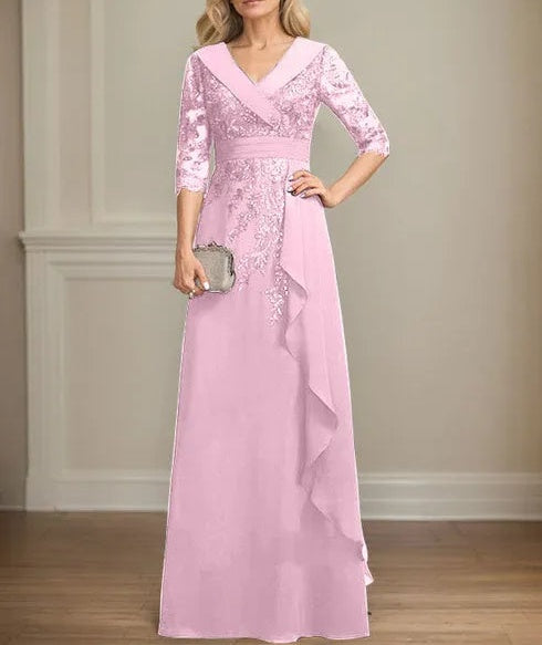 A-line Collared V-Neck Floor-Length Lace Chiffon Mother of the Bride Dress With Sequins Cascading Ruffles