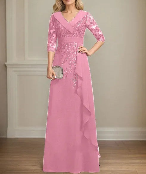 A-line Collared V-Neck Floor-Length Lace Chiffon Mother of the Bride Dress With Sequins Cascading Ruffles