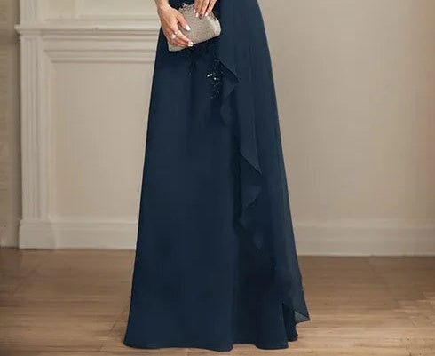 A-line Collared V-Neck Floor-Length Lace Chiffon Mother of the Bride Dress With Sequins Cascading Ruffles