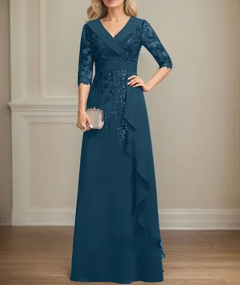 A-line Collared V-Neck Floor-Length Lace Chiffon Mother of the Bride Dress With Sequins Cascading Ruffles