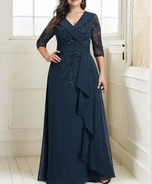 A-line Collared V-Neck Floor-Length Lace Chiffon Mother of the Bride Dress With Sequins Cascading Ruffles