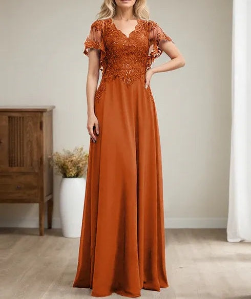 A-line V-Neck Floor-Length Lace Chiffon Mother of the Bride Dress With Sequins