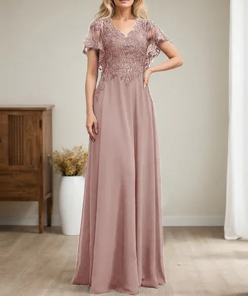 A-line V-Neck Floor-Length Lace Chiffon Mother of the Bride Dress With Sequins