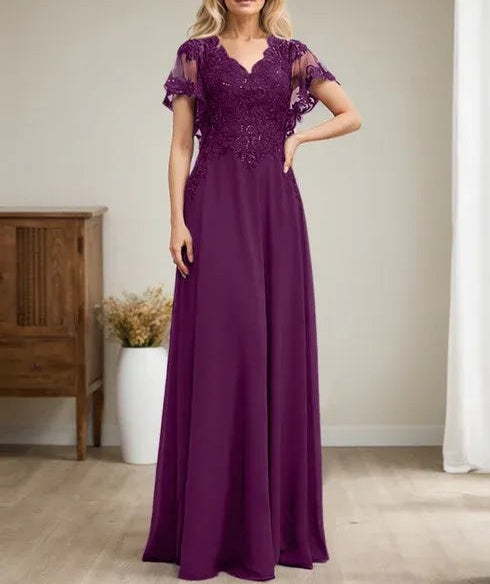 A-line V-Neck Floor-Length Lace Chiffon Mother of the Bride Dress With Sequins