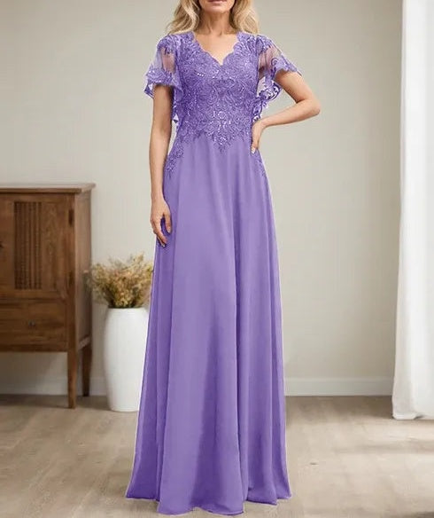 A-line V-Neck Floor-Length Lace Chiffon Mother of the Bride Dress With Sequins