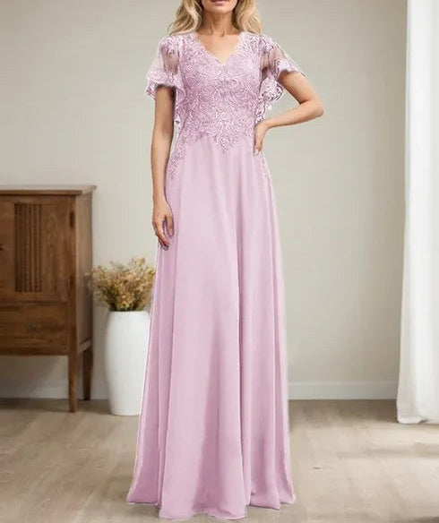 A-line V-Neck Floor-Length Lace Chiffon Mother of the Bride Dress With Sequins