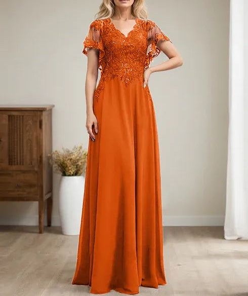 A-line V-Neck Floor-Length Lace Chiffon Mother of the Bride Dress With Sequins