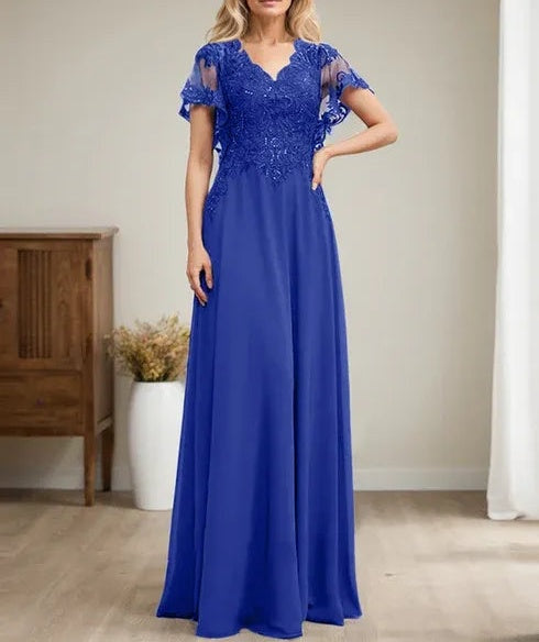 A-line V-Neck Floor-Length Lace Chiffon Mother of the Bride Dress With Sequins