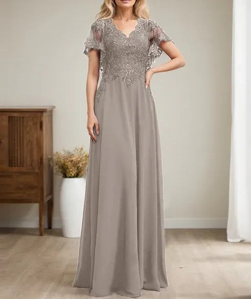 A-line V-Neck Floor-Length Lace Chiffon Mother of the Bride Dress With Sequins