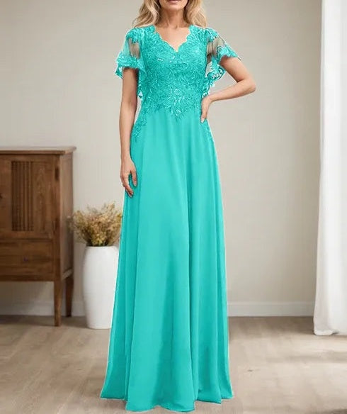 A-line V-Neck Floor-Length Lace Chiffon Mother of the Bride Dress With Sequins