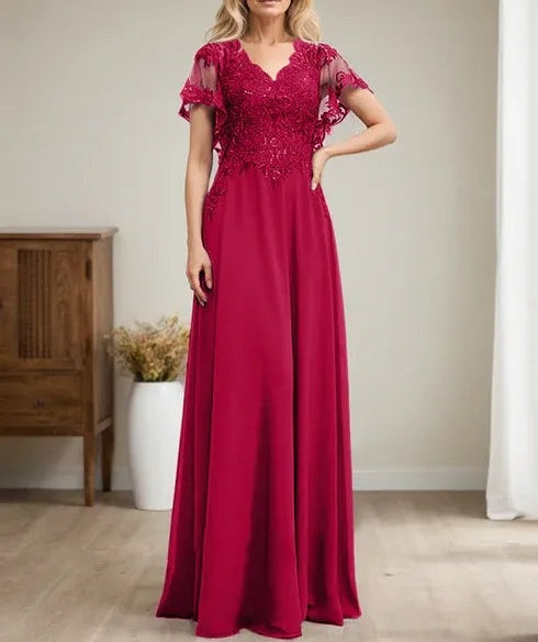 A-line V-Neck Floor-Length Lace Chiffon Mother of the Bride Dress With Sequins