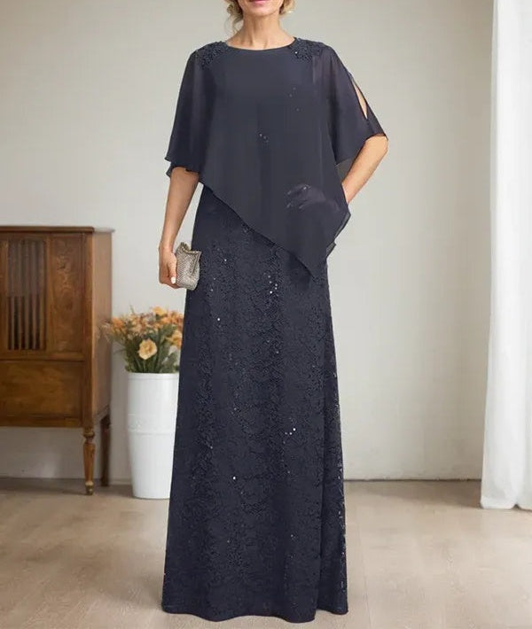 Sheath/Column Scoop Floor-Length Chiffon Lace Mother of the Bride Dress With Sequins Beading