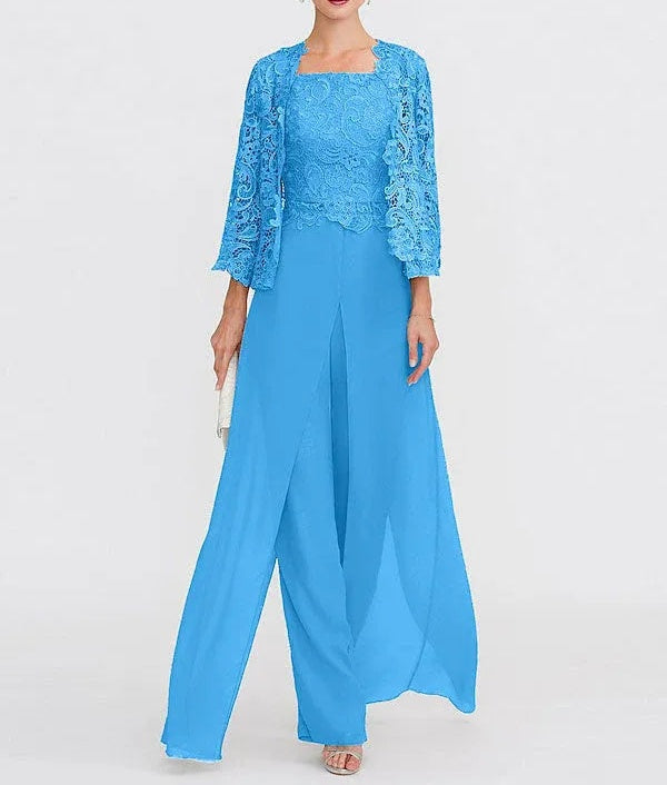 3 Piece Chiffon Square Neck Mother of the Bride Pantsuits with Jacket