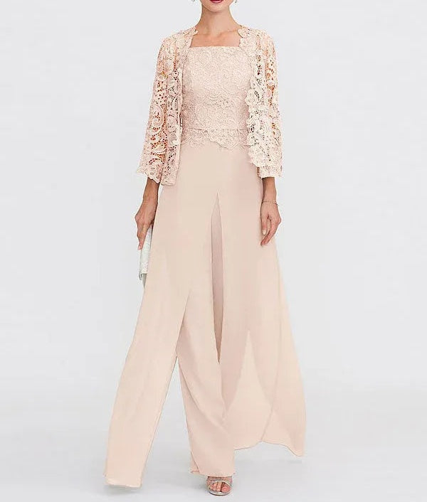 3 Piece Chiffon Square Neck Mother of the Bride Pantsuits with Jacket