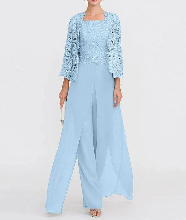 3 Piece Chiffon Square Neck Mother of the Bride Pantsuits with Jacket