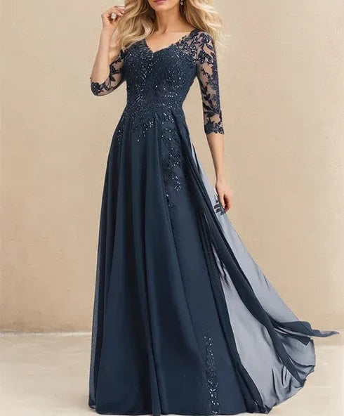 A-line V-Neck Floor-Length Lace Chiffon Mother of the Bride Dress With Sequins