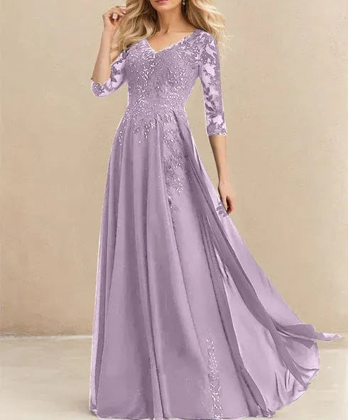 A-line V-Neck Floor-Length Lace Chiffon Mother of the Bride Dress With Sequins