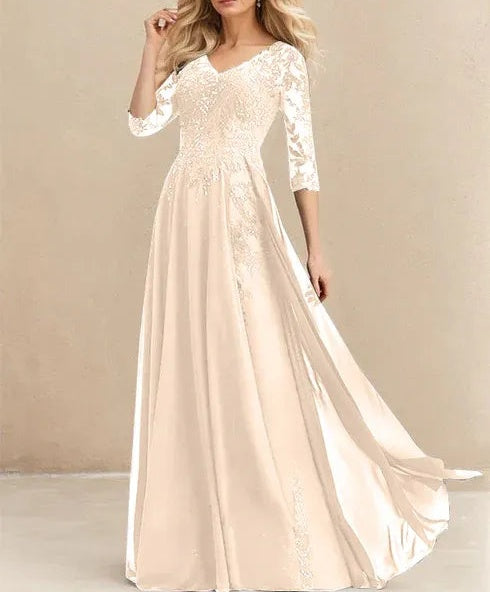 A-line V-Neck Floor-Length Lace Chiffon Mother of the Bride Dress With Sequins