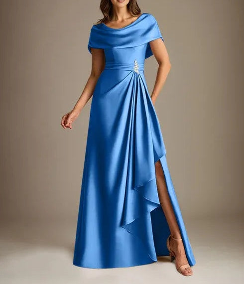 A-Line Scoop Floor-Length Stretch Satin Mother of the Bride Dress With Cascading Ruffles