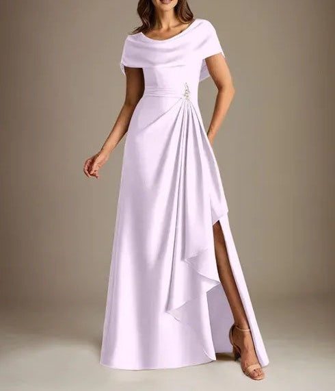 A-Line Scoop Floor-Length Stretch Satin Mother of the Bride Dress With Cascading Ruffles