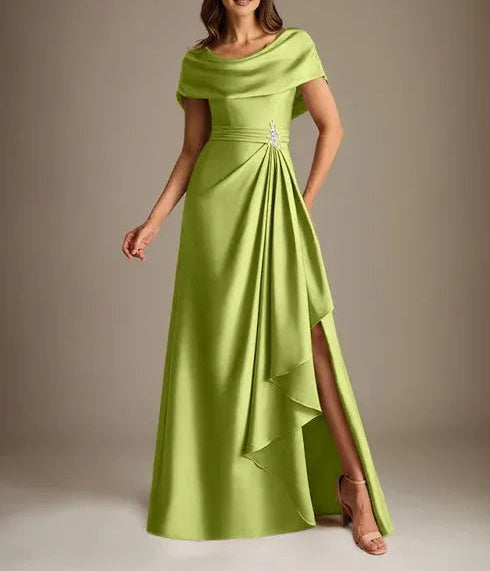 A-Line Scoop Floor-Length Stretch Satin Mother of the Bride Dress With Cascading Ruffles