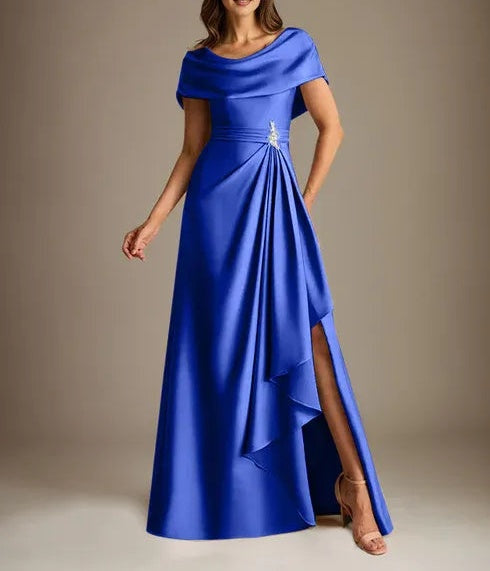 A-Line Scoop Floor-Length Stretch Satin Mother of the Bride Dress With Cascading Ruffles