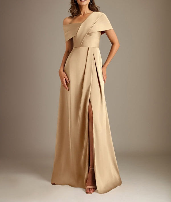 A-Line Asymmetrical Neckline Floor-Length Satin Mother of the Bride Dress With Pleated