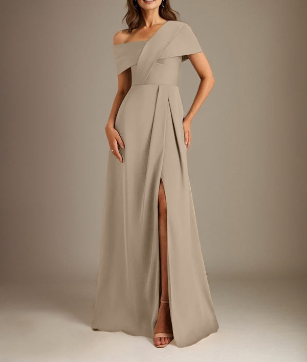 A-Line Asymmetrical Neckline Floor-Length Satin Mother of the Bride Dress With Pleated