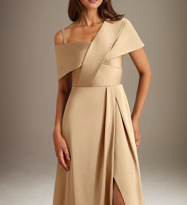 A-Line Asymmetrical Neckline Floor-Length Satin Mother of the Bride Dress With Pleated