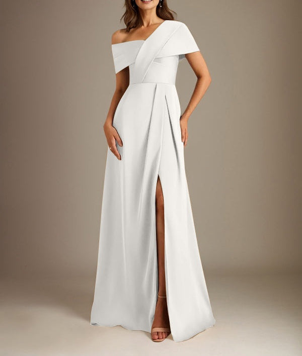 A-Line Asymmetrical Neckline Floor-Length Satin Mother of the Bride Dress With Pleated
