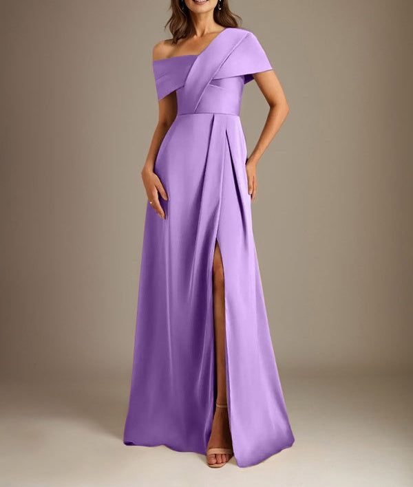A-Line Asymmetrical Neckline Floor-Length Satin Mother of the Bride Dress With Pleated
