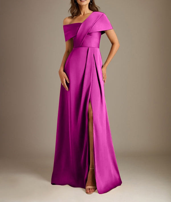 A-Line Asymmetrical Neckline Floor-Length Satin Mother of the Bride Dress With Pleated