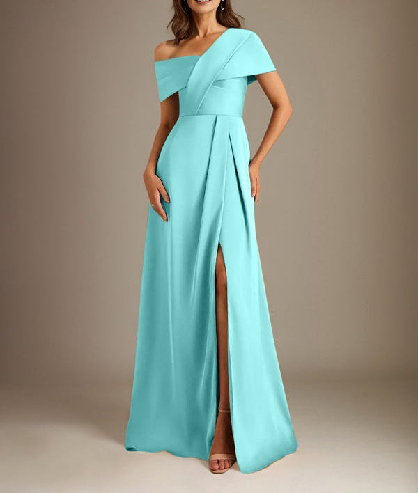 A-Line Asymmetrical Neckline Floor-Length Satin Mother of the Bride Dress With Pleated