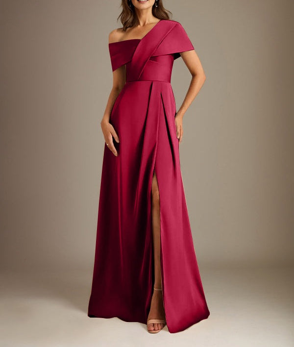 A-Line Asymmetrical Neckline Floor-Length Satin Mother of the Bride Dress With Pleated