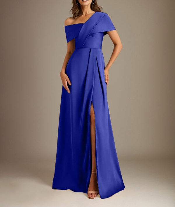 A-Line Asymmetrical Neckline Floor-Length Satin Mother of the Bride Dress With Pleated