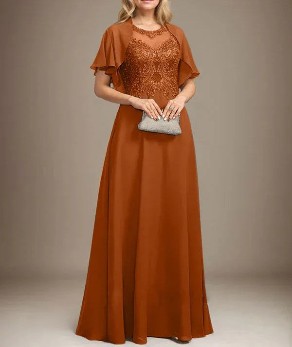 A-line Scoop Illusion Floor-Length Lace Chiffon Mother of the Bride Dress With Sequins