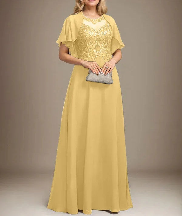 A-line Scoop Illusion Floor-Length Lace Chiffon Mother of the Bride Dress With Sequins