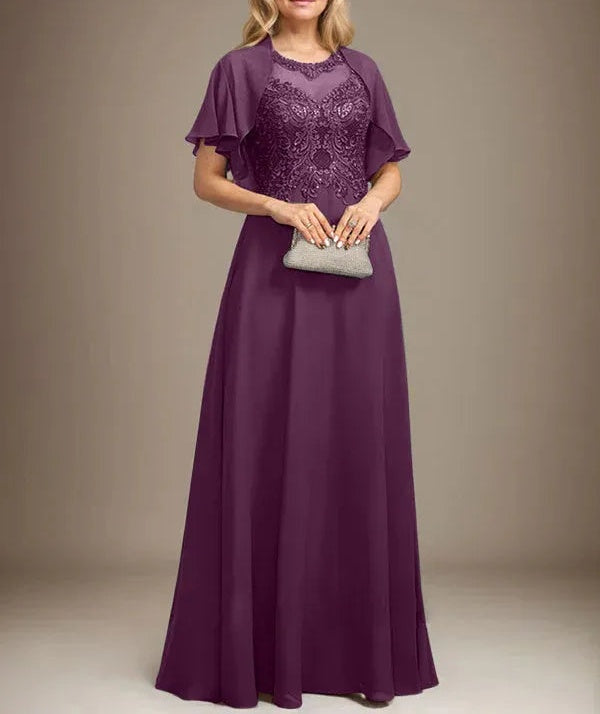 A-line Scoop Illusion Floor-Length Lace Chiffon Mother of the Bride Dress With Sequins