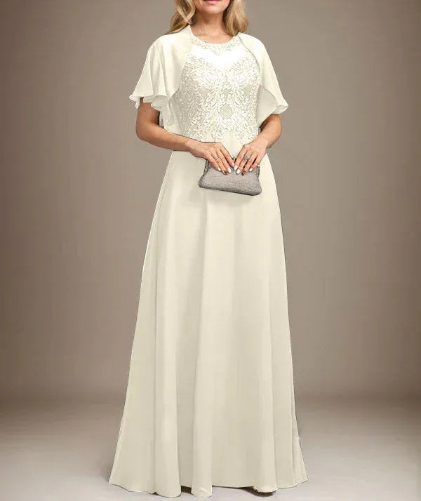 A-line Scoop Illusion Floor-Length Lace Chiffon Mother of the Bride Dress With Sequins