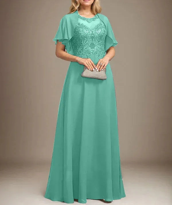 A-line Scoop Illusion Floor-Length Lace Chiffon Mother of the Bride Dress With Sequins