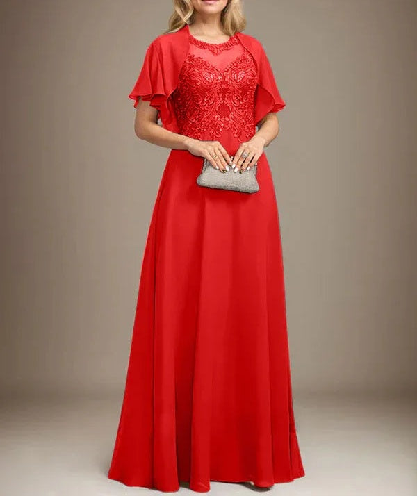A-line Scoop Illusion Floor-Length Lace Chiffon Mother of the Bride Dress With Sequins