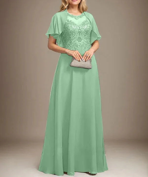 A-line Scoop Illusion Floor-Length Lace Chiffon Mother of the Bride Dress With Sequins