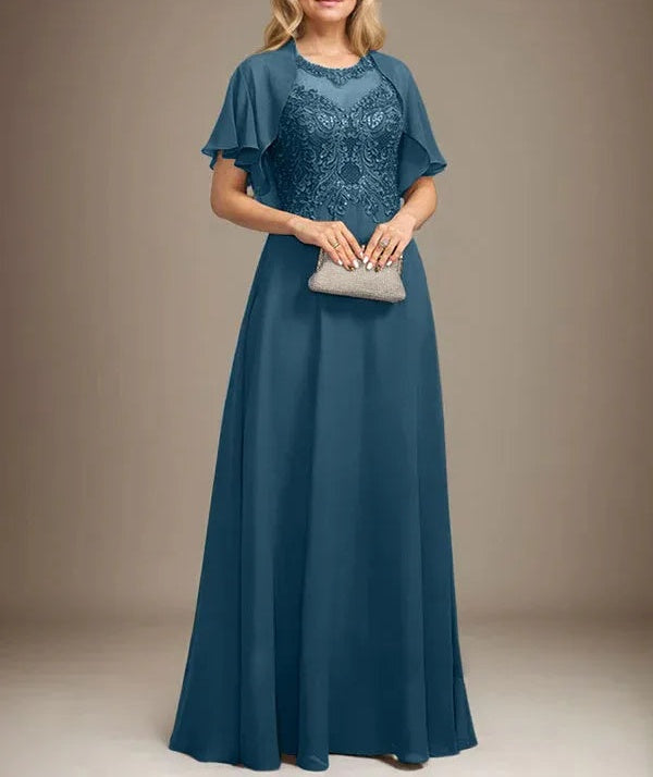 A-line Scoop Illusion Floor-Length Lace Chiffon Mother of the Bride Dress With Sequins