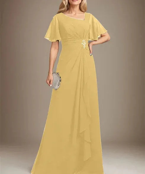 A-line Asymmetrical Floor-Length Chiffon Mother of the Bride Dress With Pleated Beading Sequins