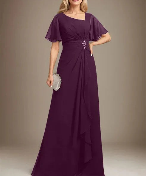 A-line Asymmetrical Floor-Length Chiffon Mother of the Bride Dress With Pleated Beading Sequins