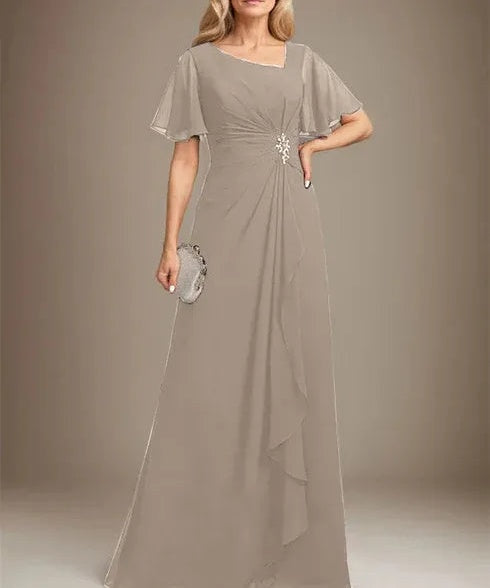 A-line Asymmetrical Floor-Length Chiffon Mother of the Bride Dress With Pleated Beading Sequins