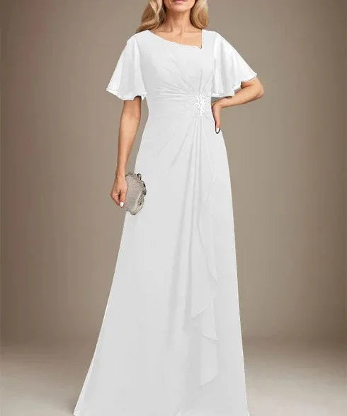 A-line Asymmetrical Floor-Length Chiffon Mother of the Bride Dress With Pleated Beading Sequins