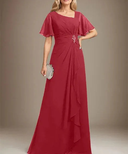 A-line Asymmetrical Floor-Length Chiffon Mother of the Bride Dress With Pleated Beading Sequins