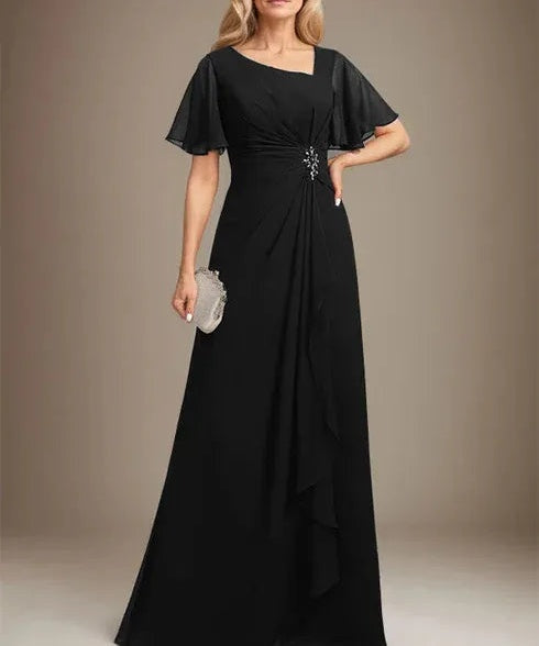 A-line Asymmetrical Floor-Length Chiffon Mother of the Bride Dress With Pleated Beading Sequins
